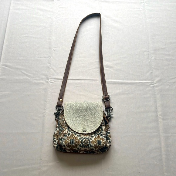Myra Cowhide and Canvass Purse with Adjustable Shoulder Strap - Picture 1 of 5